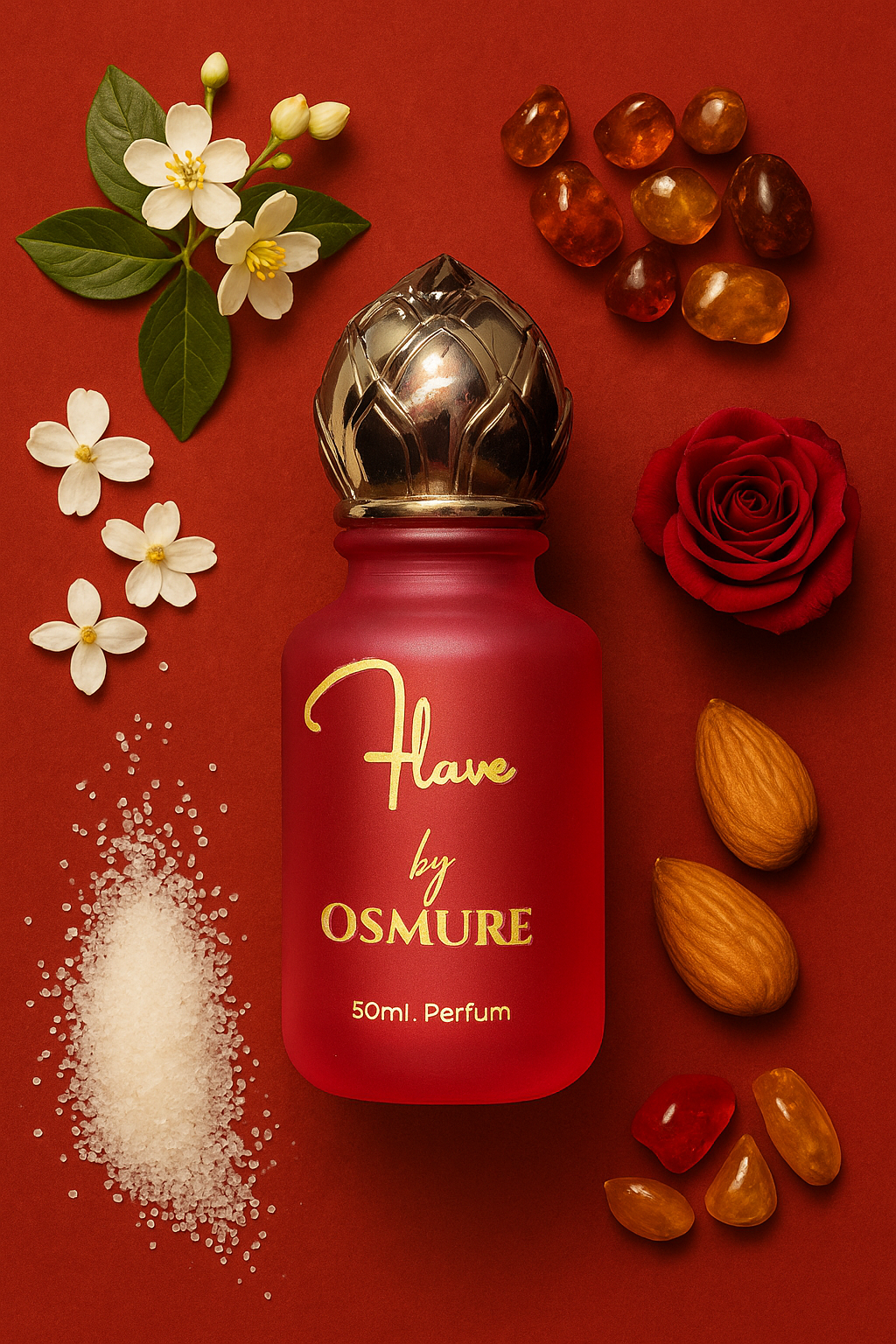 Red perfume bottle with gold cap labeled 'Flave by Osmure' on a red background with flowers and fruits.